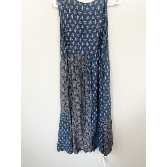 April Cornell Handblock Dress Navy Floral Patchwork Midi Pockets Medium Cottage - Picture 14 of 14